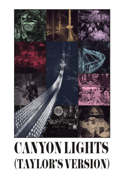 A poster featuring a vibrant, whimsical design of Canyon Lights at Capilano Suspension Bridge Park. In the foreground, a stylized version of the famous Capilano Suspension Bridge stretches across a deep canyon. The text at the bottom reads 